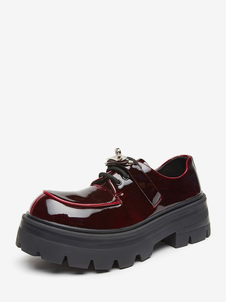 Chaussures décontractées pour hommes bordeaux à plateforme bout rond et lacets