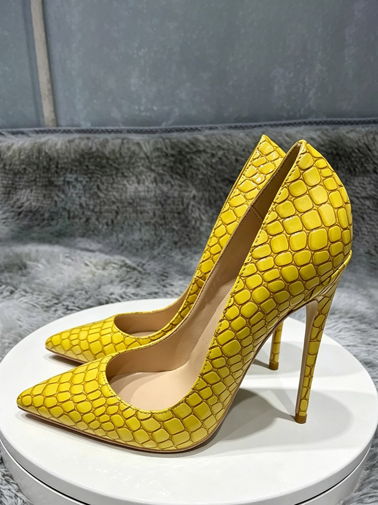 Gelbe High Heels Damen-Pumps mit spitzer Zehenpartie und Steinmuster Stilettoabsatz