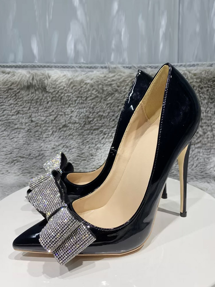 Schwarze High Heels für Damen spitze Zehenpartie Strasssteine Schleife zum Hineinschlüpfen Partyschuhe