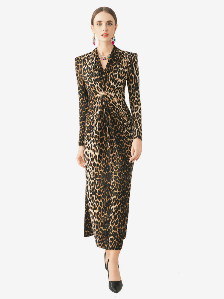 Abito da festa abito lungo marrone chiaro con scollo a V e maniche lunghe elegante abito semi-formale