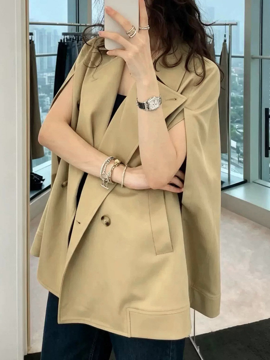 Womens Sleeveless Trench Coat Khaki Double Breasted Lapel Cape Vest Outerwear