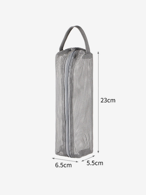 Petite trousse de toilette grise en filet organisateur de cosmétiques de voyage portable avec poignée