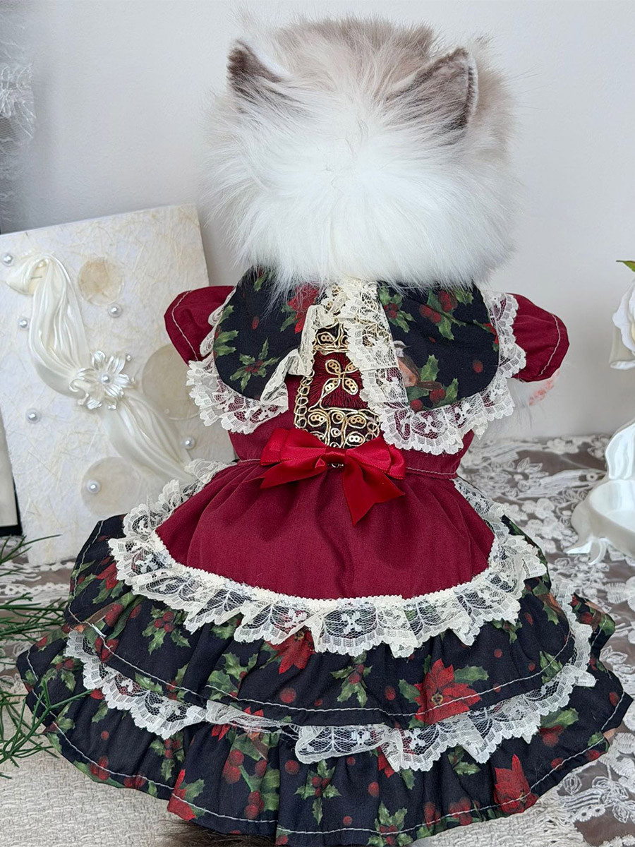 Robe Lolita pour animaux de compagnie en dentelle florale de Noël costume de princesse à volants superposés pour chats et petits chiens
