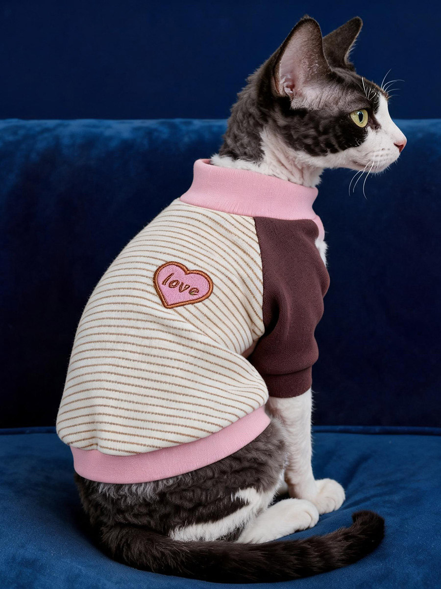 Pull à rayures roses et marron pour chat sweat-shirt à col montant brodé d'un cœur pour animaux de compagnie