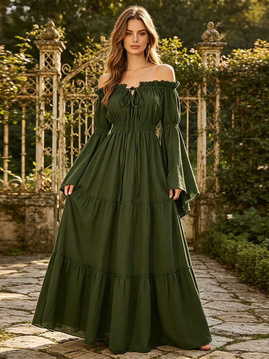Robe longue maxi Renaissance médiévale à épaules dénudées et manches longues smockées style celtique féerique royal viking elfique couleur unie.