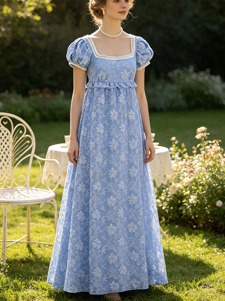 Robe rétro vintage médiévale Renaissance pour femme style Régence taille empire robe victorienne pour thé manches bouffantes à fleurs
