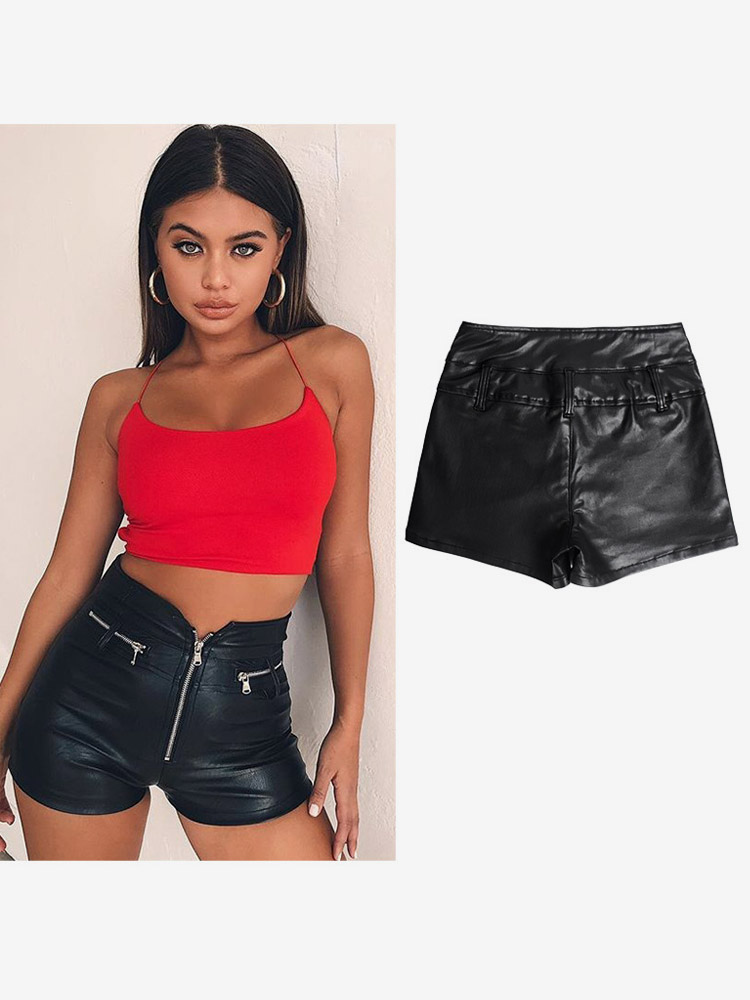 Pantaloncini da motociclista aderenti da donna in similpelle a vita alta con cerniera neri