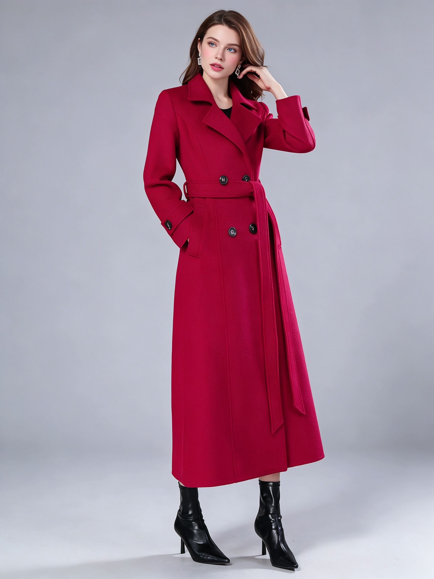 Women's Long Double Breasted Trench Coat Red Windbreaker Winter Overcoat