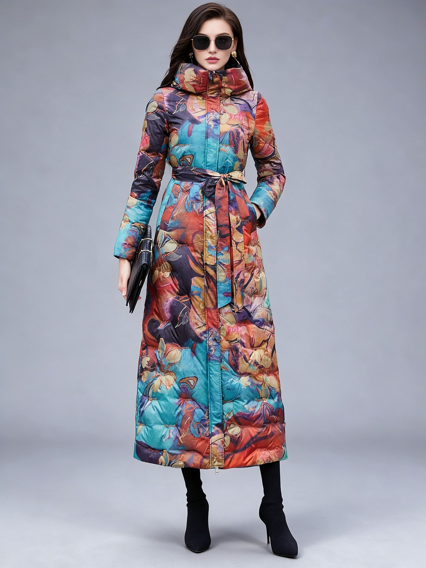 Manteau long à capuche pour femme imprimé veste d'hiver colorée à motifs artistiques