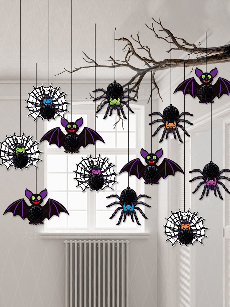 Décoration suspendue en nid d'abeille araignée chauve-souris pour Halloween décorations de fête en papier 3D