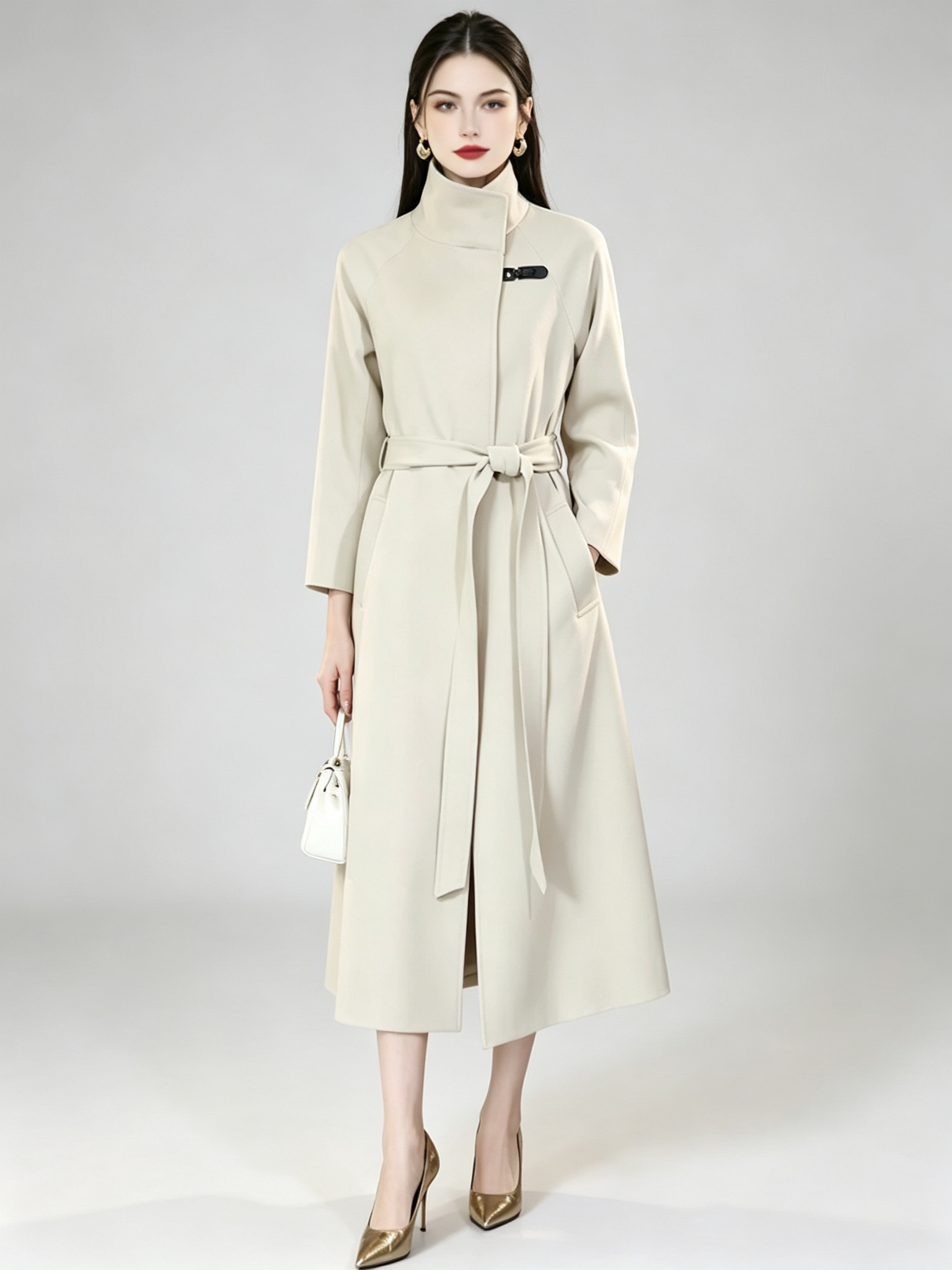 Women's Long Stand Collar Trench Coat Light Beige Windbreaker Coat With Belt