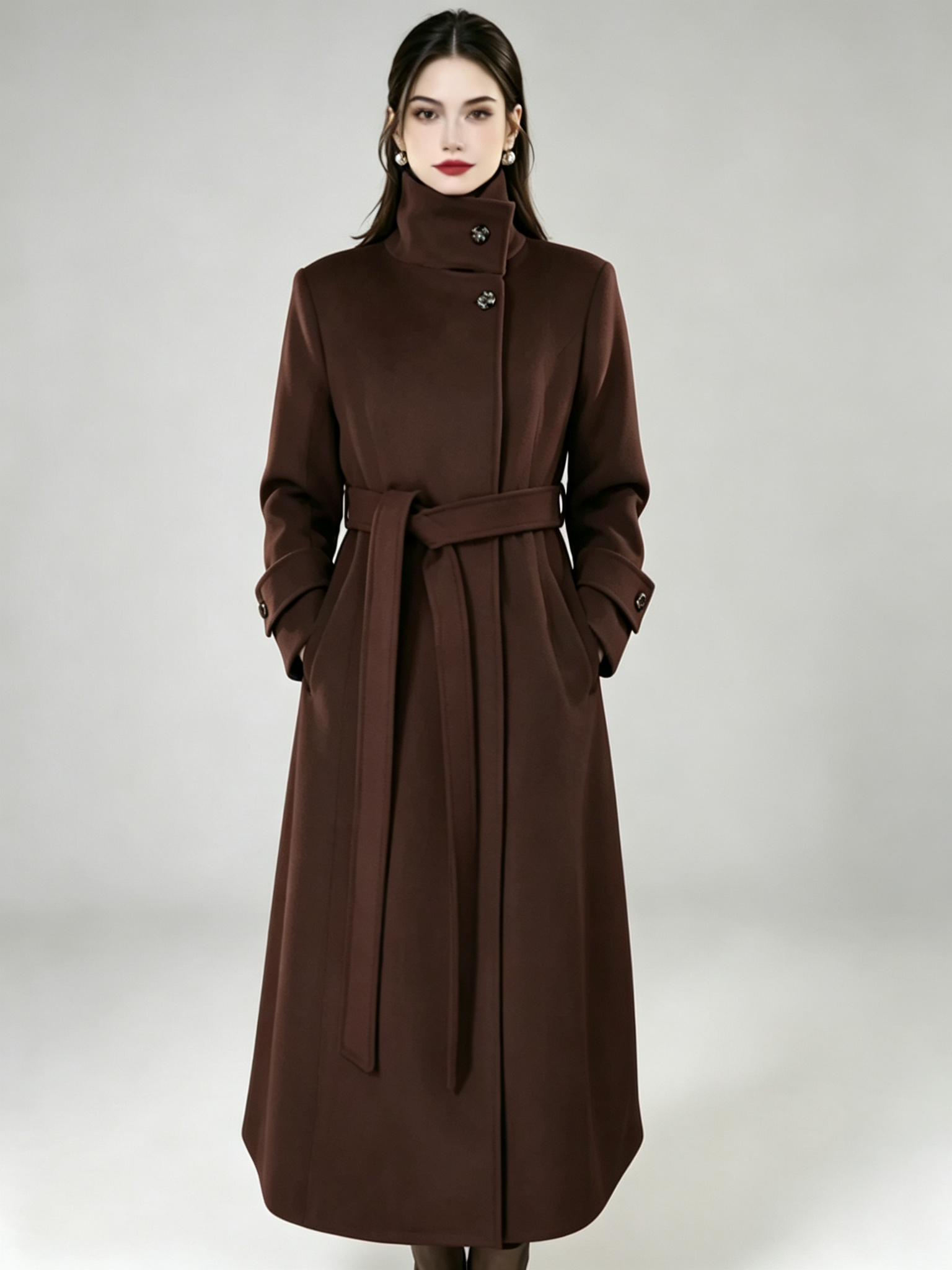 Manteau long en laine pour femme col montant rouge coupe cintrée idéal pour l'hiver