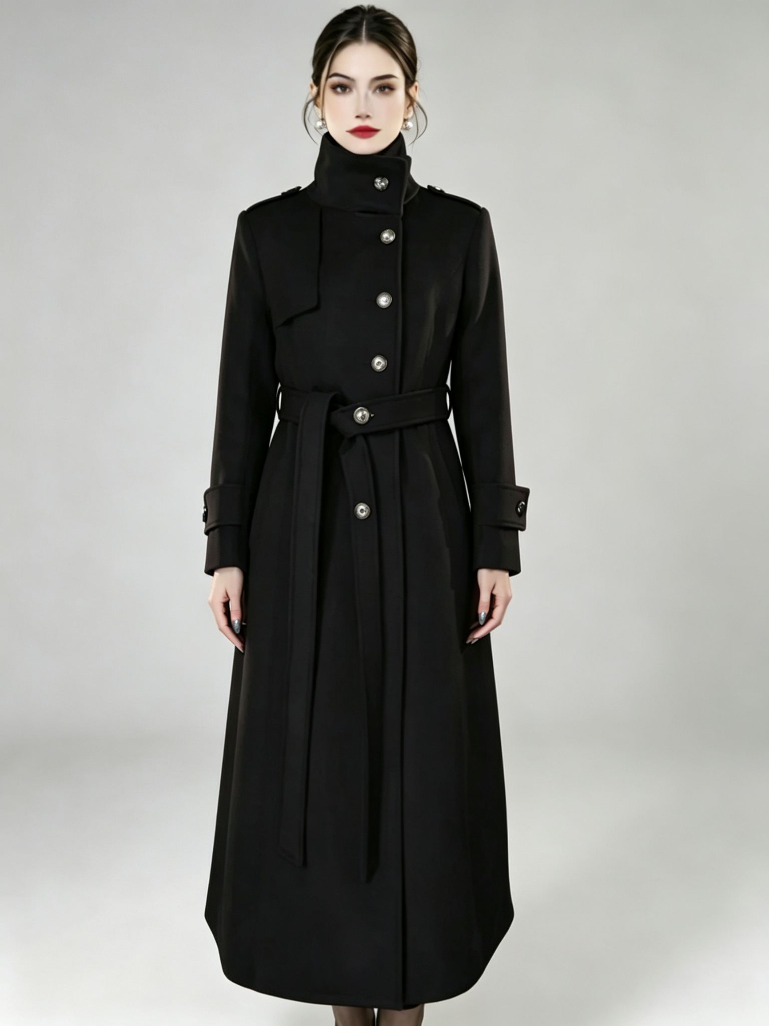 Trench-coat long noir pour femme coupe-vent manteau d'extérieur élégant