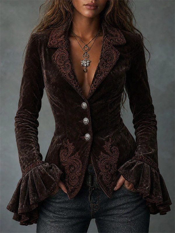 Blazer femme en velours marron foncé brodé de fleurs coupe ajustée manches à volants