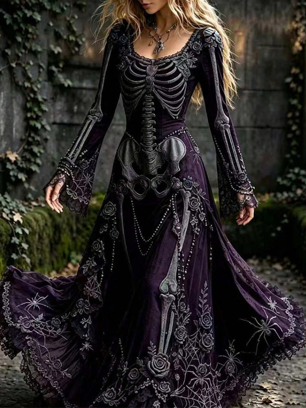 Robe maxi fluide à imprimé squelette 3D col rond et manches longues