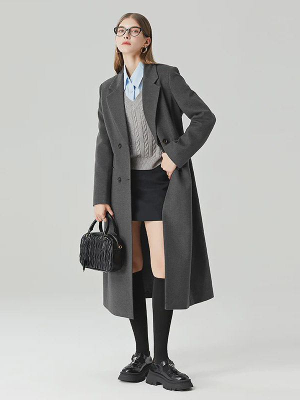 Manteau d'hiver pour femme gris foncé croisé revers cranté coupe droite