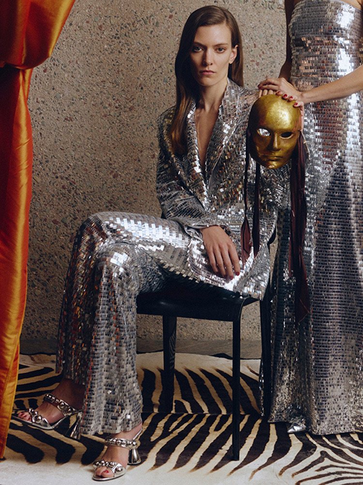 Ensemble femme blazer à sequins argentés pantalon et tenue décontractée disco