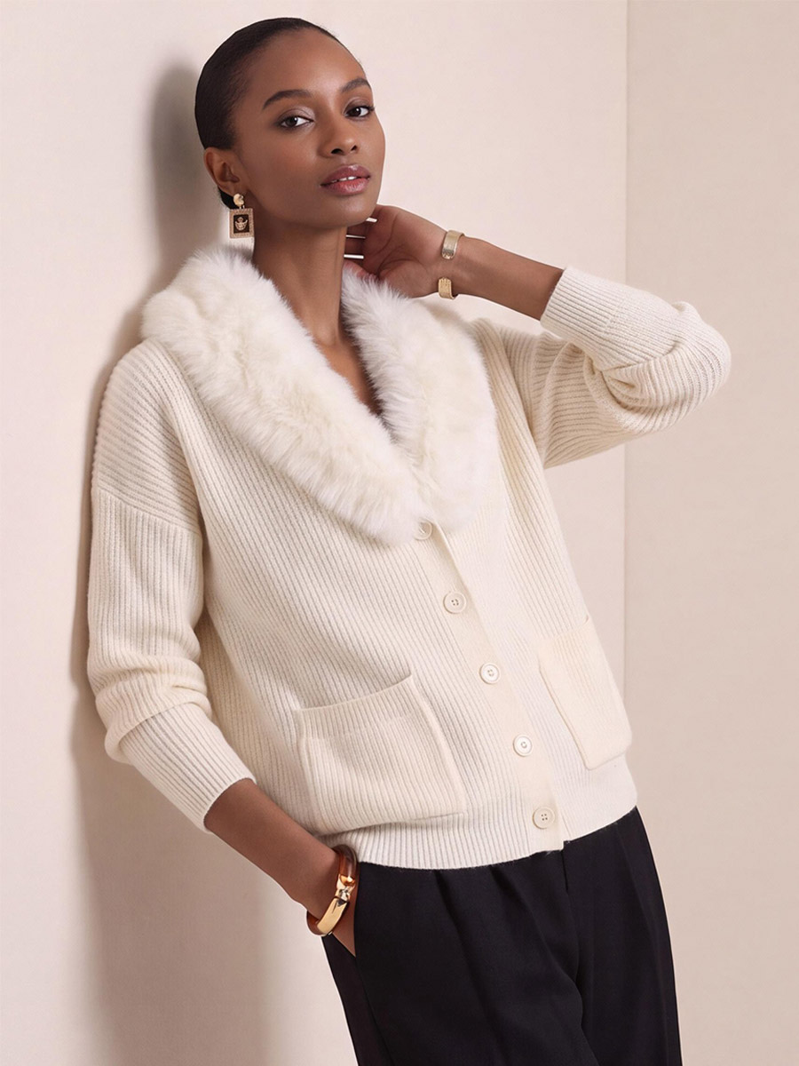 Gilet en maille pour femme oversize col en fausse fourrure col en V boutonné ample