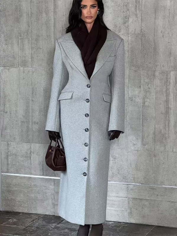 Manteau long trench élégant en laine mélangée à simple boutonnage et taille cintrée pour femme