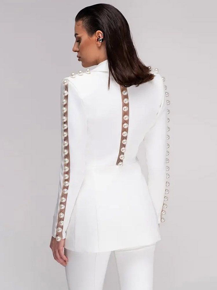 Ensemble tailleur femme blanc à simple boutonnage orné de perles pantalon style décontracté pour le travail