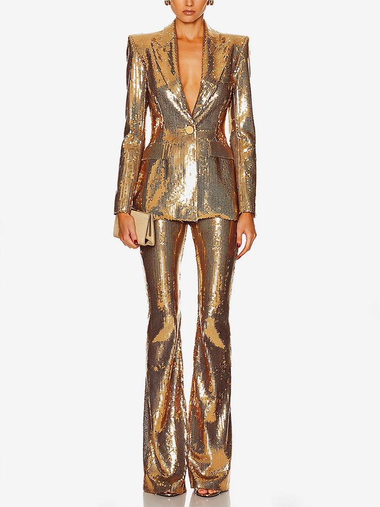 Ensemble deux pièces pour femme : blazer à sequins dorés et pantalon large idéal pour les soirées.