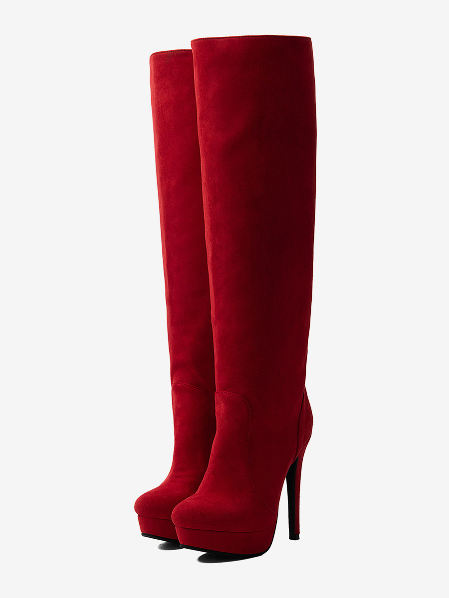 Bottes rouges à talons hauts pour femmes bout rond montantes jusqu'aux genoux