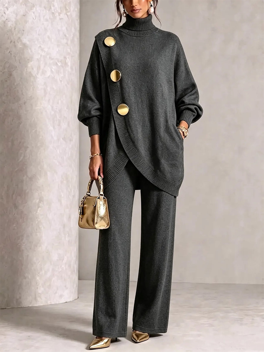 Ensemble deux pièces élégant en maille pour femme - Pull asymétrique à col roulé et boutons pantalon large ensemble loungewear