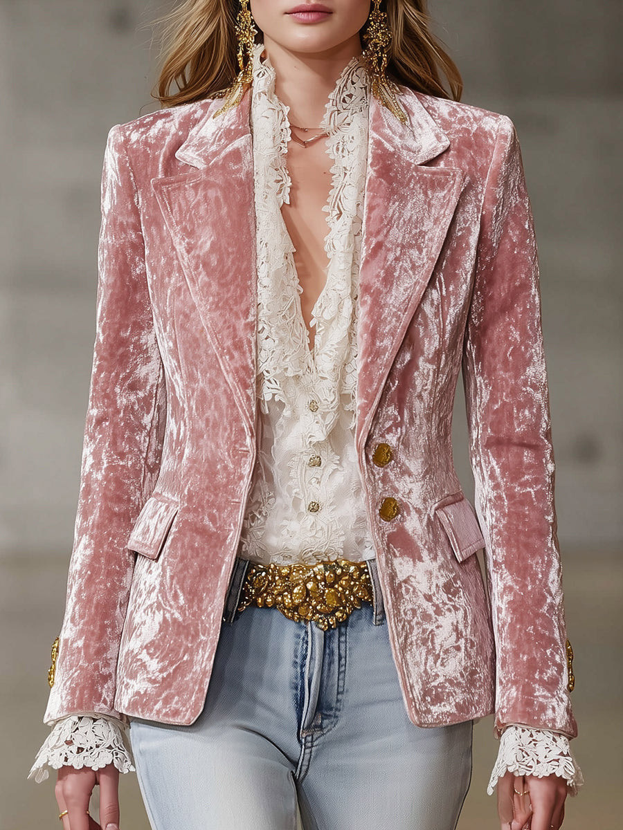 Elegant Crushed Velvet Blazer For Women Slim Fit Lapel Jacket With Gold Buttons