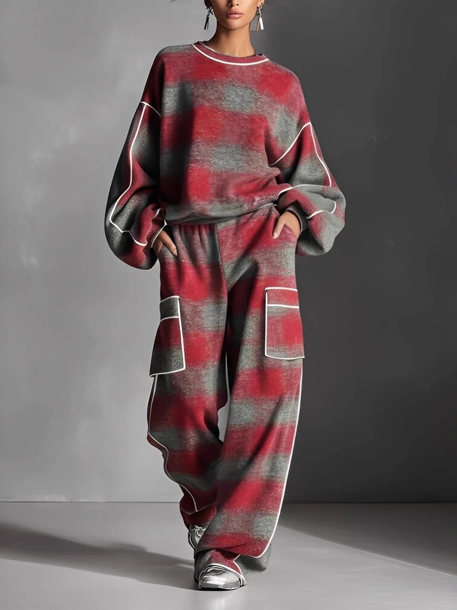 Ensemble deux pièces à carreaux oversize pour femme - Sweat-shirt et pantalon large style streetwear avec passepoil contrastant