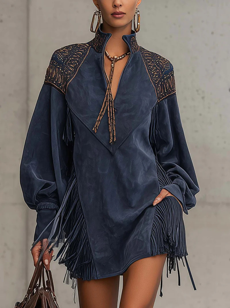 Robe courte bohème western en daim avec broderie à franges - Robe de soirée à manches longues et col en V pour femme