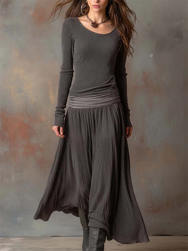 Robe longue bohème en maille côtelée - Robe fluide à manches longues et col rond coupe trapèze et taille froncée pour femme