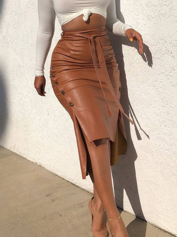 Jupe midi en similicuir pour femme taille haute moulante ourlet fendu froncée sur le côté style crayon idéale pour l'automne et le streetwear.