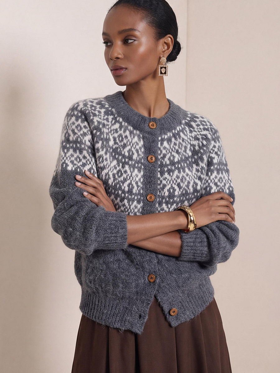 Women's Round Neck Fair Isle Knit Cardigan Long Sleeve Vintage Relaxed Fit Fall Sweater Jacket