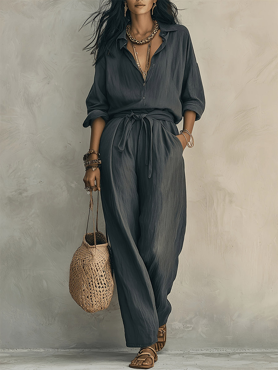 Two Piece Sets Pant Set Gray Casual Daily Casual Buttons Turndown Collar Long Sleeves