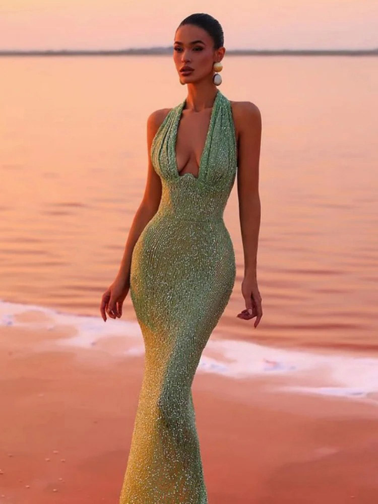 Abito da festa abito lungo verde con scollo a V senza maniche schiena scoperta sexy semi-formale