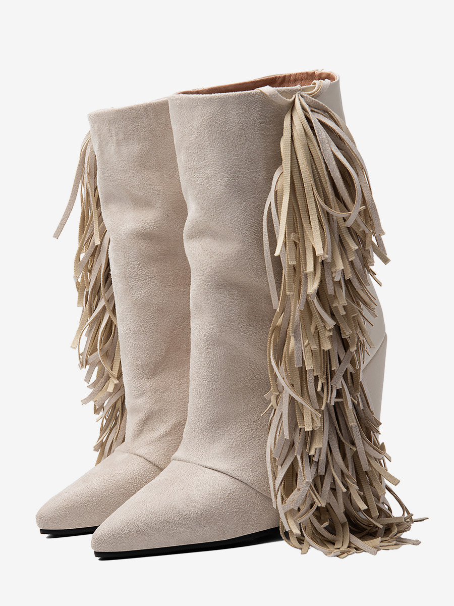 Suede Mid Calf Boots Women's Pointed Toe Wedged Plus Size Boots With Tassels