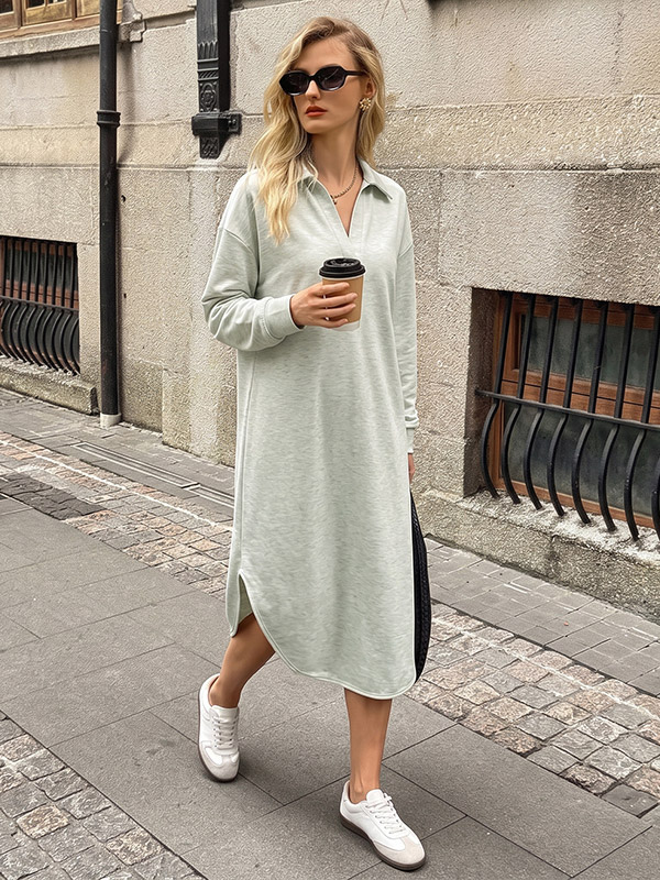 Robe midi du quotidien col rabattu manches longues longueur au sol