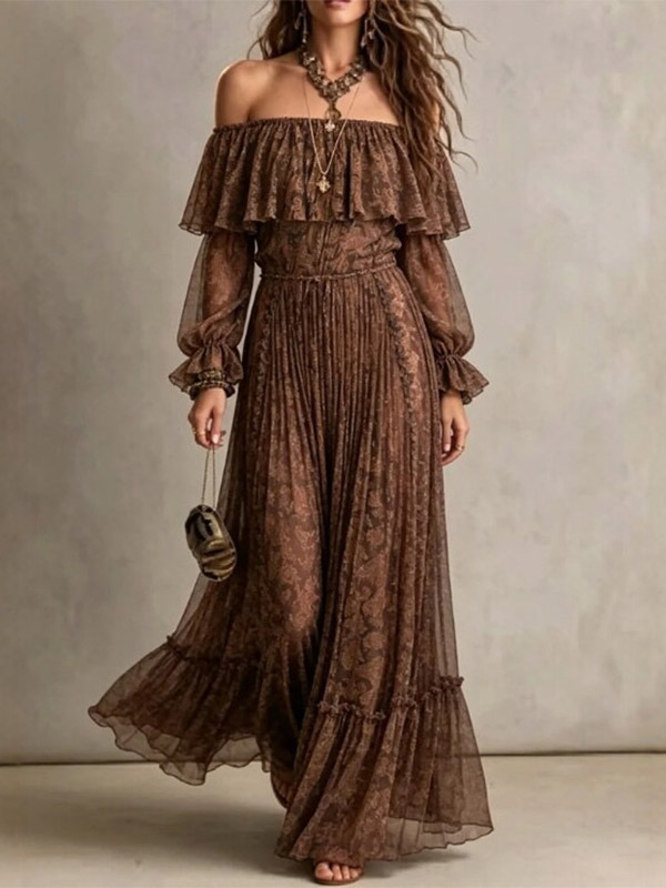 Boho Dress Ruffles Off-The-Shoulder Long Sleeves Printed Clothes Summer Dress