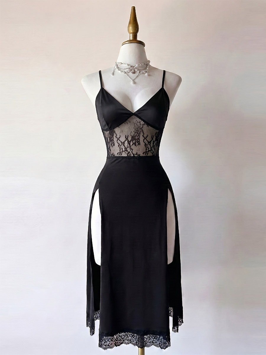 Party Dress High Slit Black V-Neck Lace Spaghetti Strap Sheer Semi Formal Midi Dress
