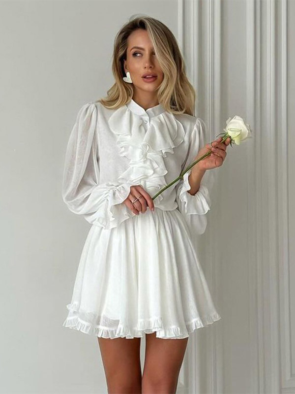 Robe courte en mousseline à volants pour femme col montant manches longues fluide et décontractée