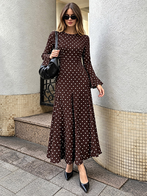Robe longue à pois pour femme coupe sirène manches longues évasées col rond