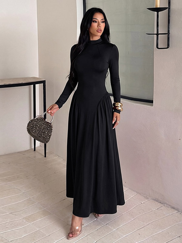 Robe longue maxi à col montant et manches longues pour femme coupe ajustée évasée longueur au sol style décontracté