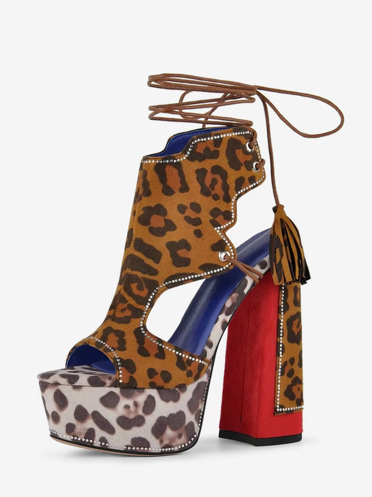 Sandales à talons hauts talons épais imprimé léopard bout ouvert strass