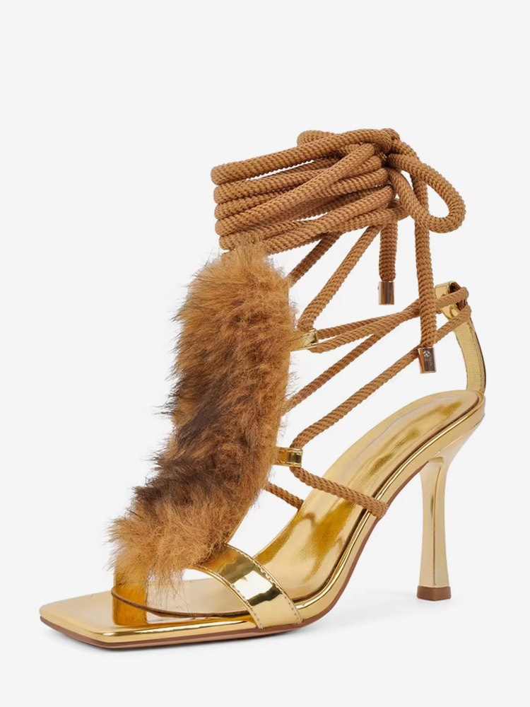 Sandales dorées à talons hauts bout ouvert brides en fausse fourrure lacets