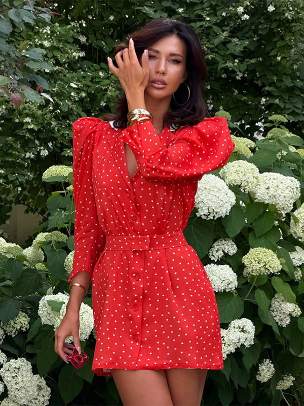 Women Red Polka Dot Puff Sleeve Mini Dress White Collar Wrap Party Dress