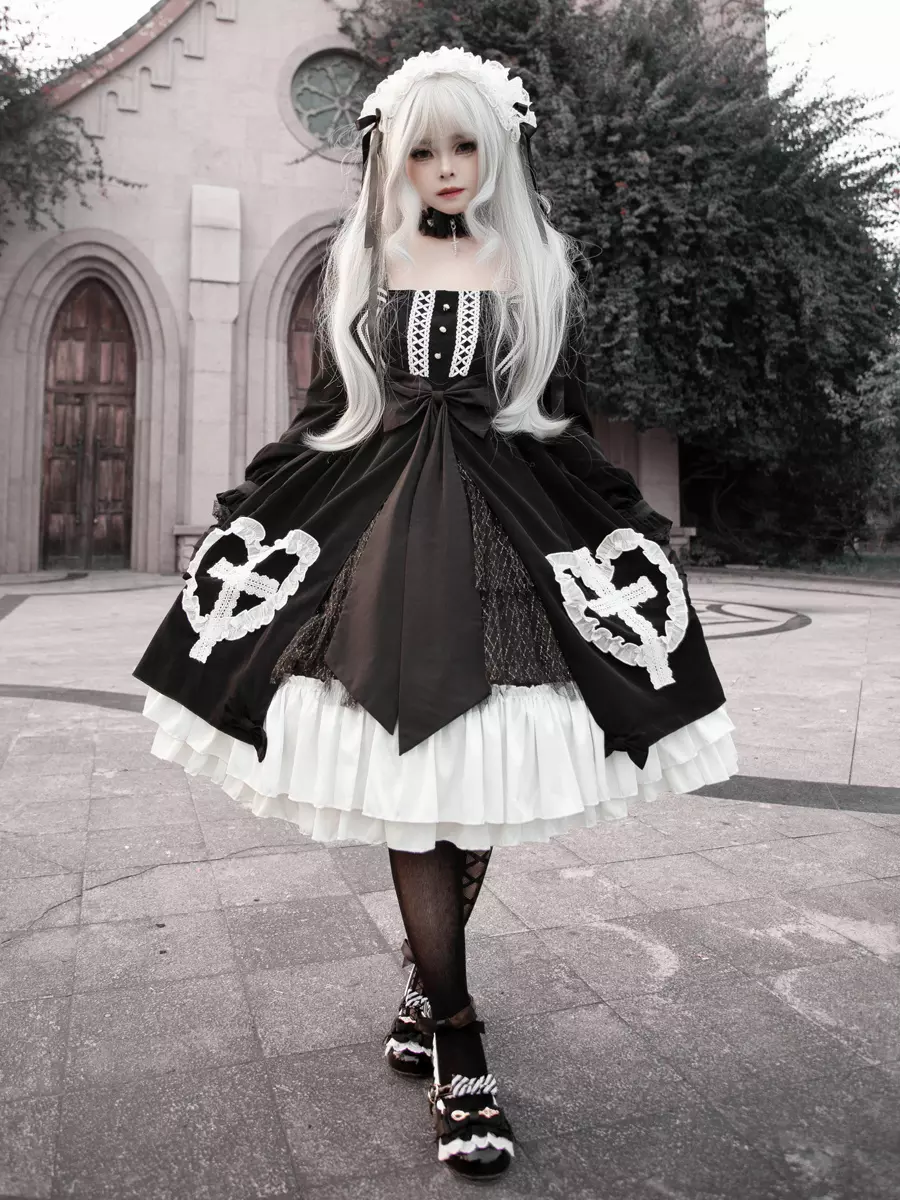 gothic lolita black and white dress Lolitashow Exclusive Dresses Lace Ruffles Long Sleeves Polyester Daily Casual creating a voluminous and dramatic effect Victorian Black White Midi Dress