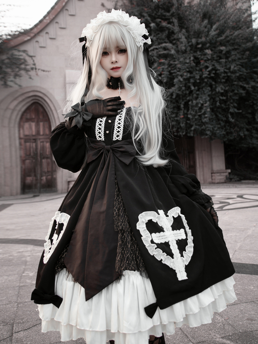 gothic lolita black and white dress White Long Bell Sleeves Shirt + Black Under Bust Gothic Lolita Dress + Witch Hat