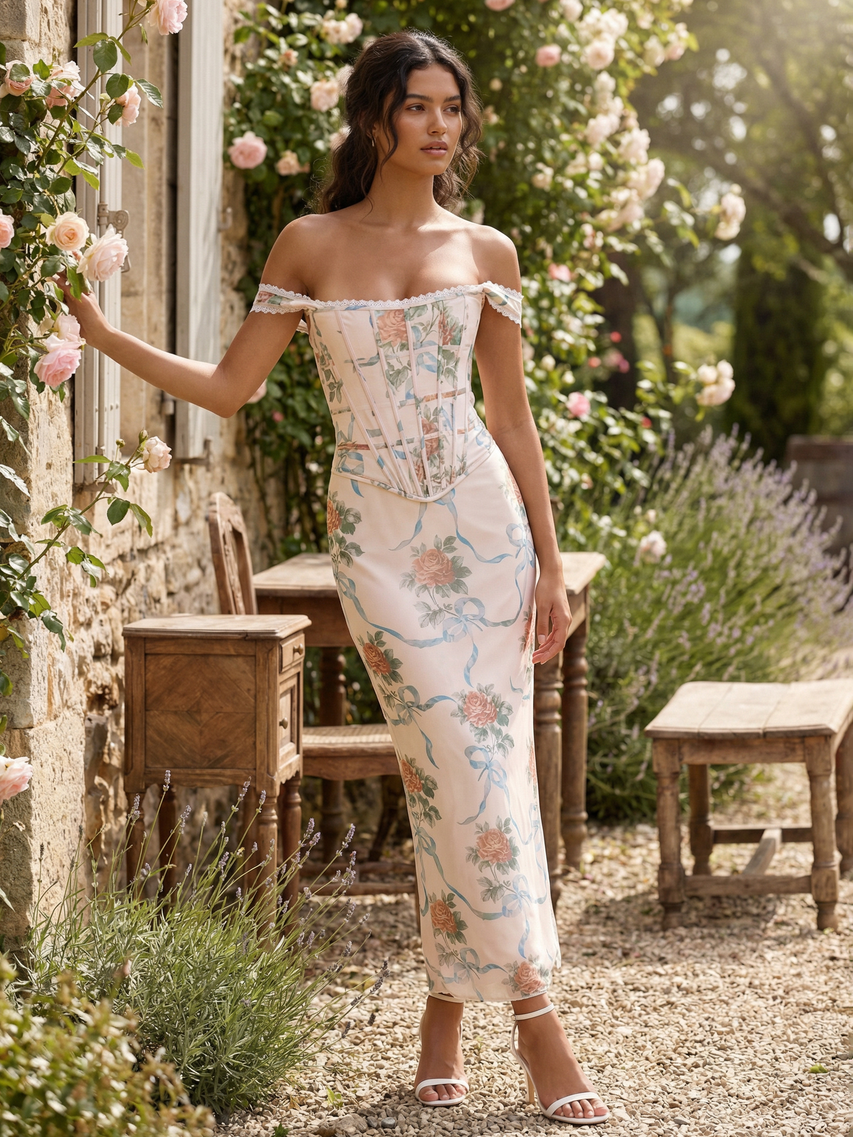 Floral Print Vintage Corset Bodycon Maxi Dress With Lace Trim For Women 2026-image-1082330