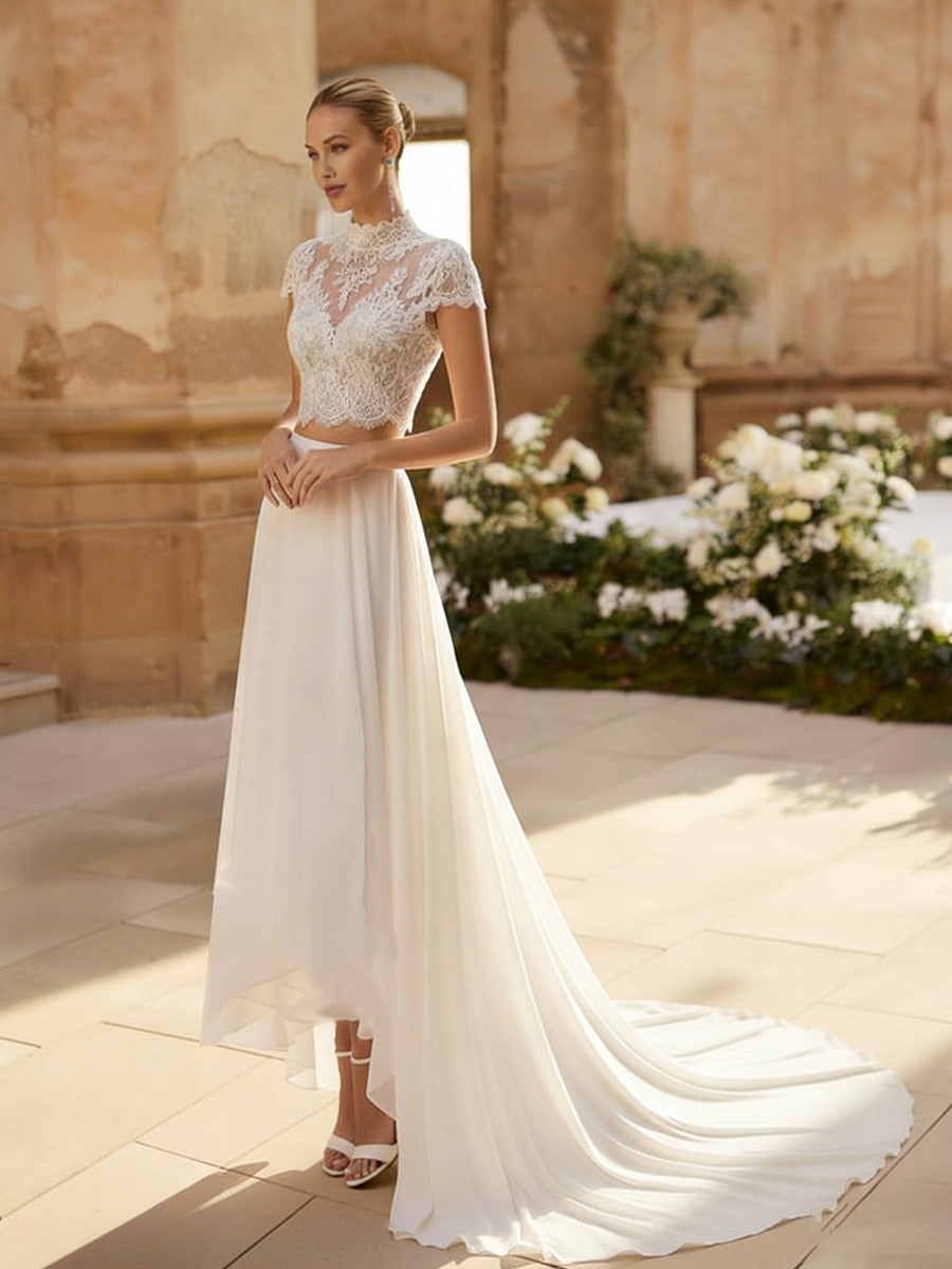 Two-piece Wedding Dress Chiffon Jewel Neck Two-piece Tea-Length Wedding Dress Functional Buttons Short Sleeves Medium