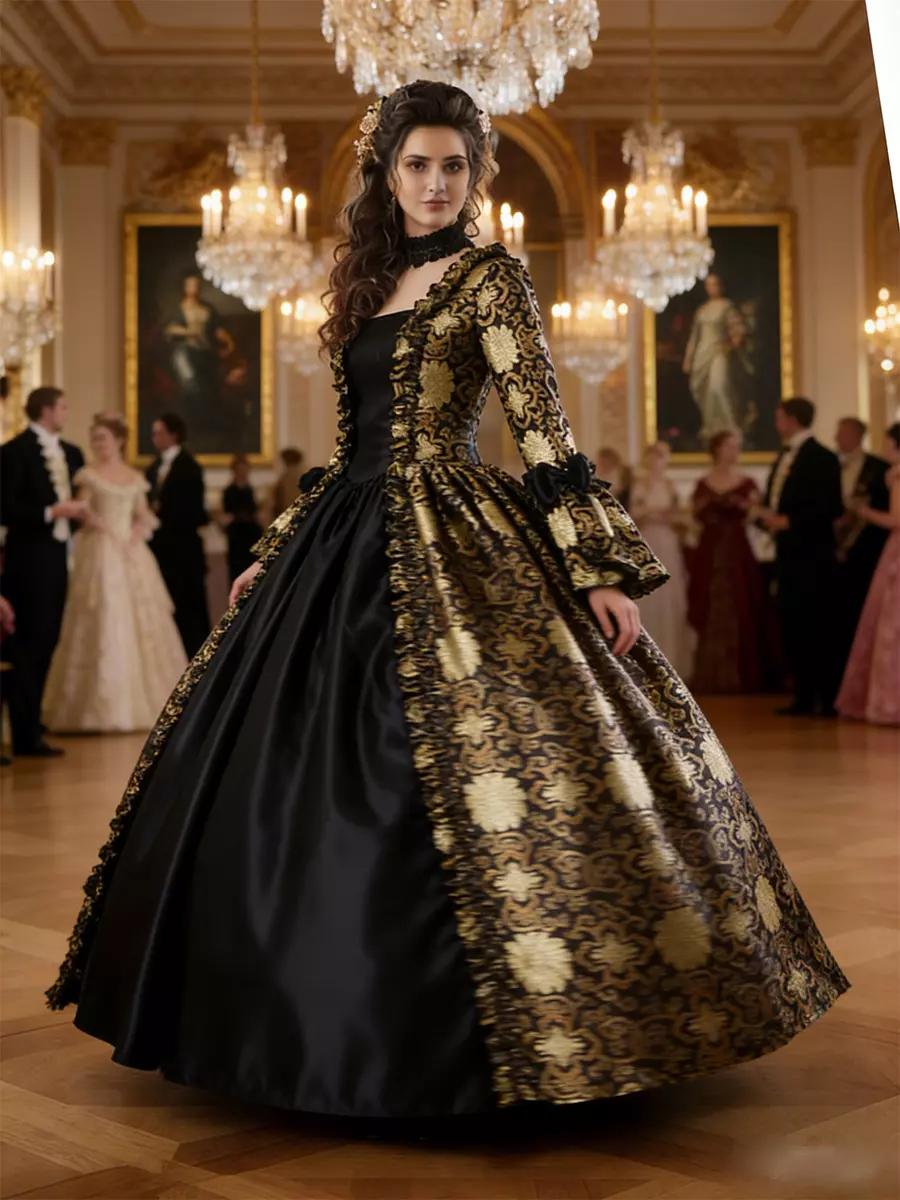 Victorian Ball Gowns Black Gold Retro Costumes Lace Up Satin Fabric Marie  Antoinette Costume Floral Print Dress Women's Gothic Set Party Prom Dress -  Lolitashow.com
